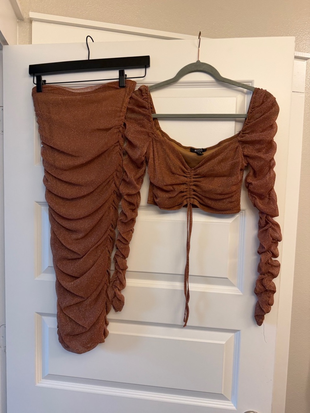 privy Rust Ruched Midi Skirt and Matching Crop Top Set